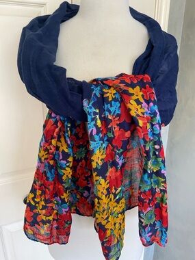 Large crinkle navy Scarf/Shawl with Multicolor Blooms